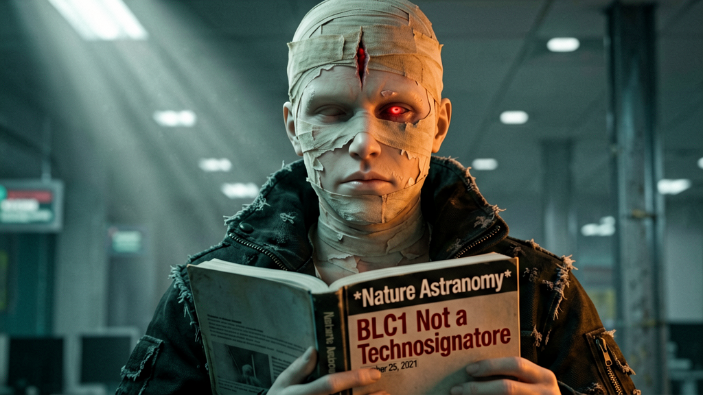 Extreme close-up on the pale, bandaged hand of a pale humanoid figure with glowing red pupils in otherwise hollow eye sockets