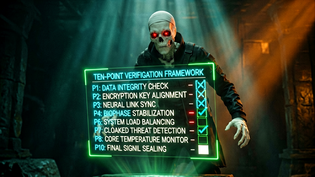Close-up on a holographic display projecting a meticulous "ten-point verification framework" checklist