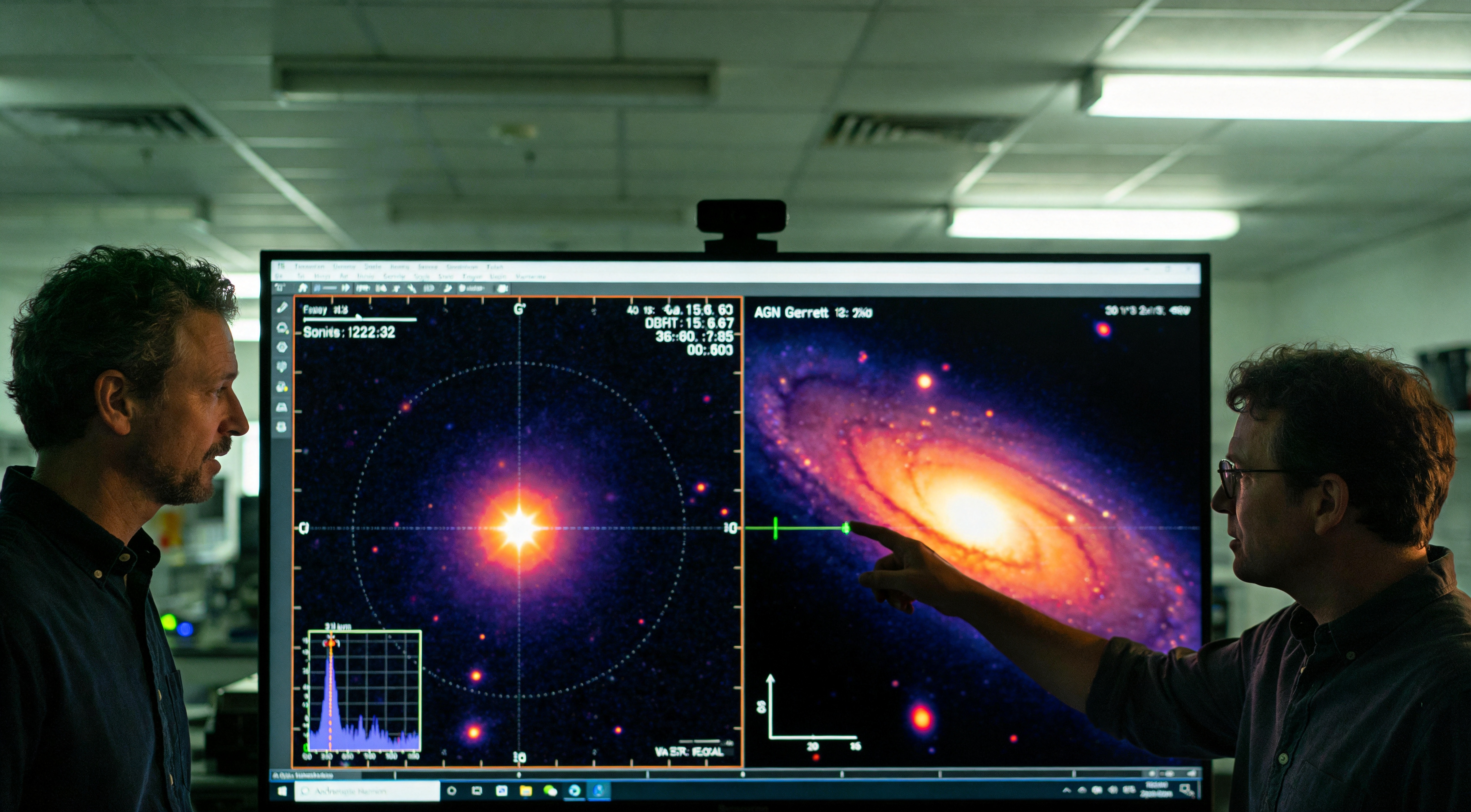 Wide shot of a desolate, high-tech research lab. The pale humanoid figure with glowing red pupils in otherwise hollow eye sockets