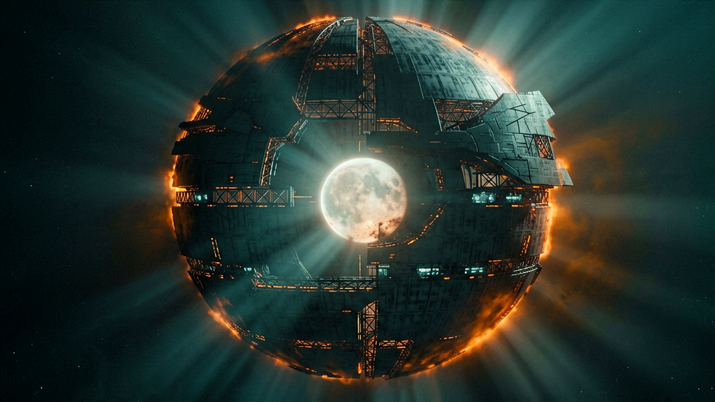 A colossal, intricate Dyson sphere megastructure, dark metallic segments encasing a distant, partially obscured star