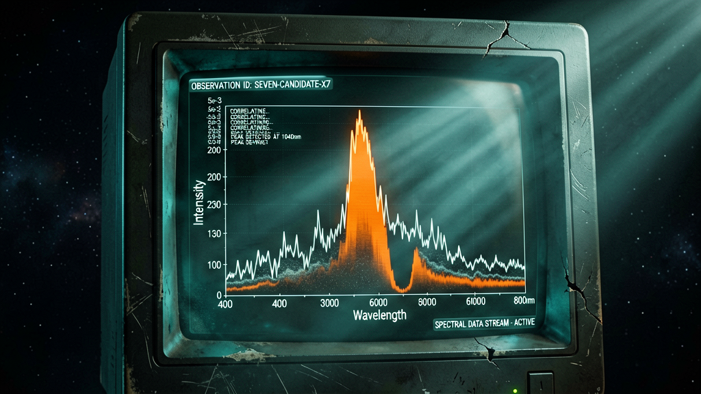 A high-resolution digital display showing the spectral signature of one of the 'seven candidates