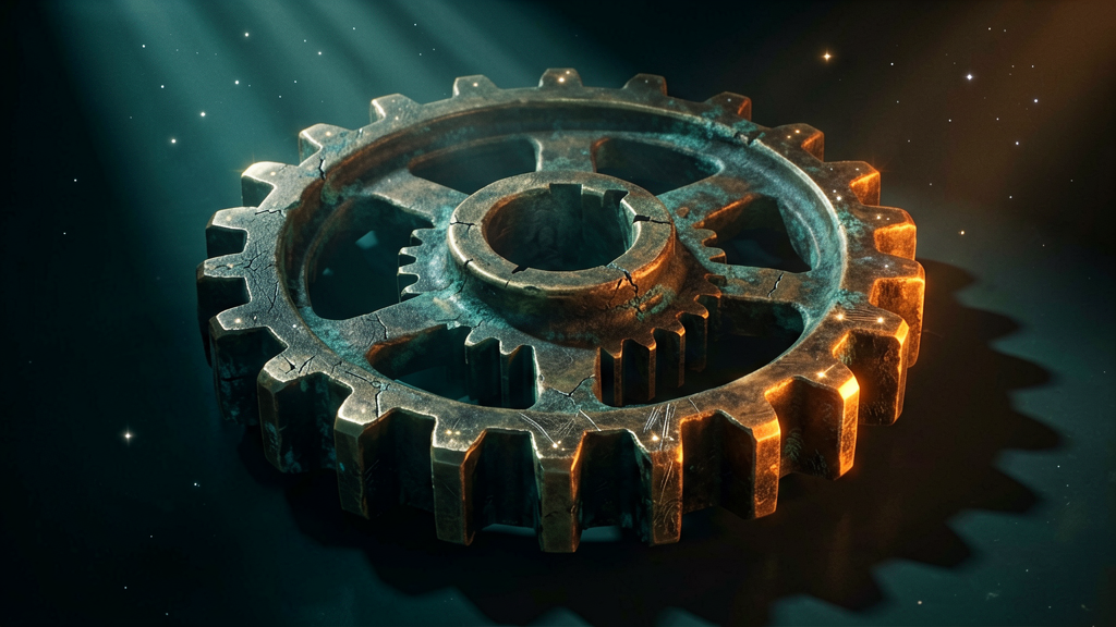 A macro shot of a single, ancient, and intricately forged bronze gear, representing 'Hephaistos' and advanced technology. Its surface