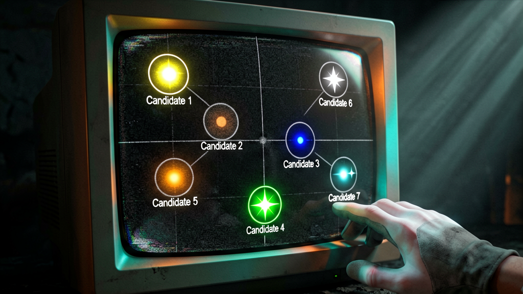 A flickering, grainy CRT monitor displaying a star chart. Seven distinct