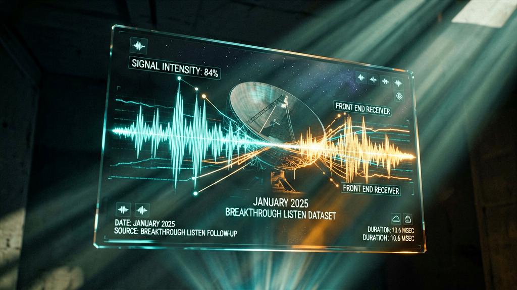 Close-up on a shimmering, translucent holographic display showing a high-resolution radio image visualization from January 2025. The data