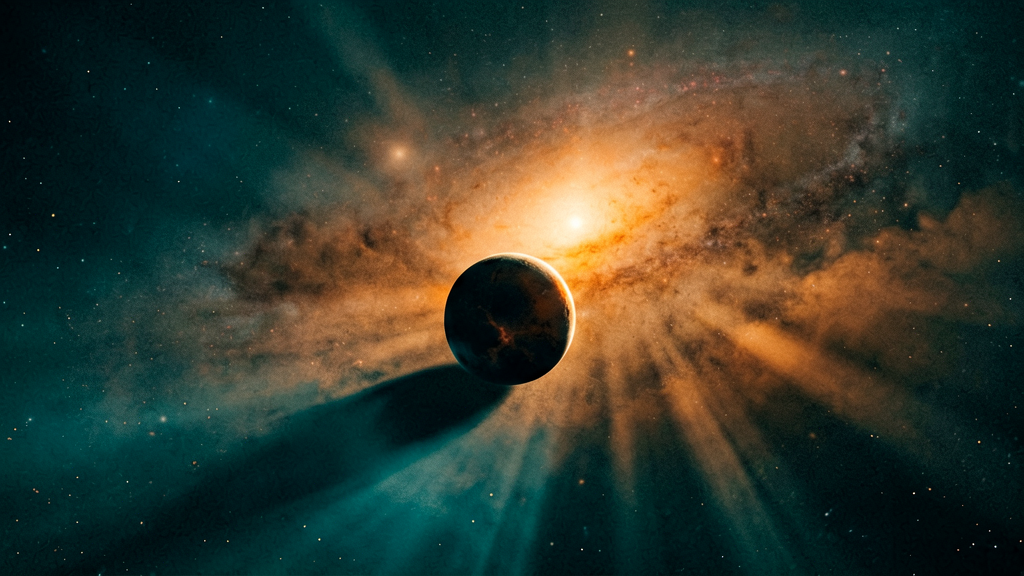 Dutch angle looking up at a distant, dust-obscured active galactic nucleus (AGN) glowing faintly with intense energy behind the silhouetted...