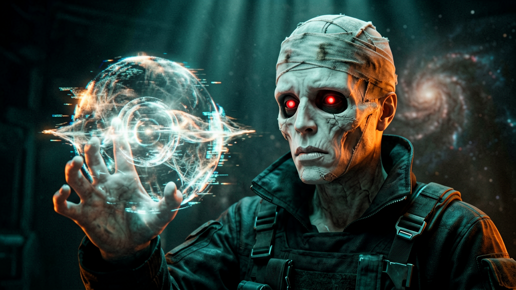 Close-up, slightly low angle, showing the pale humanoid figure with glowing red pupils in otherwise hollow eye sockets