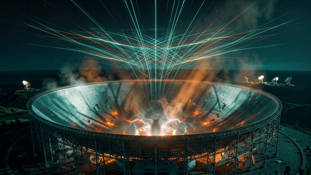 Wide shot of the immense FAST telescope dish at night, glowing with a faint, internal electric hum. Above it