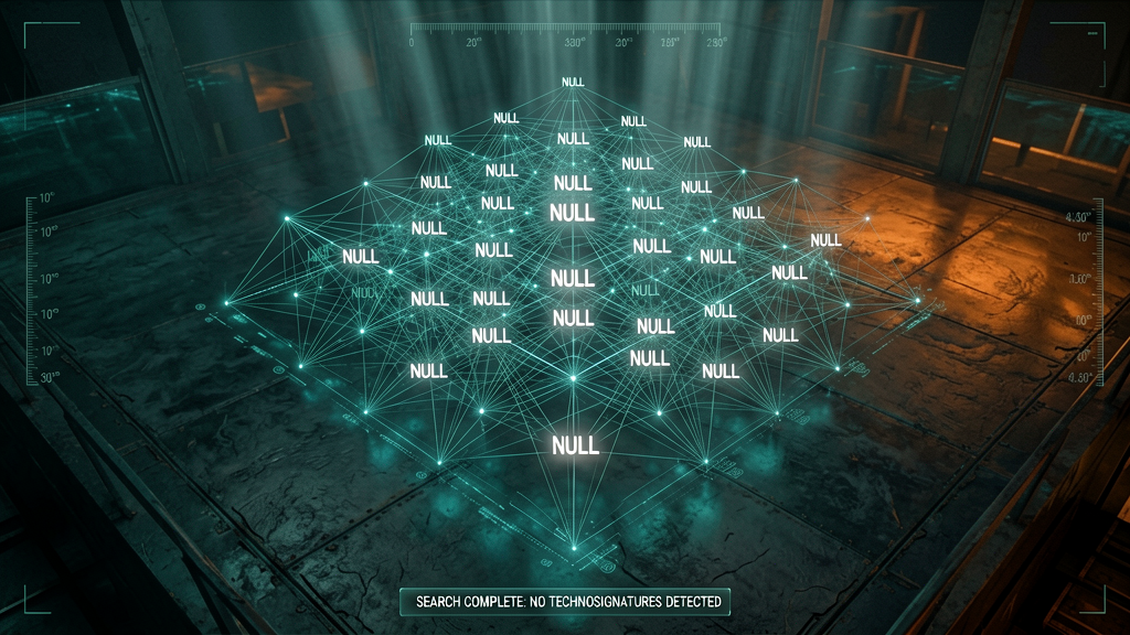 Overhead shot looking down at a complex holographic display showing a vast, star-filled "searched parameter space