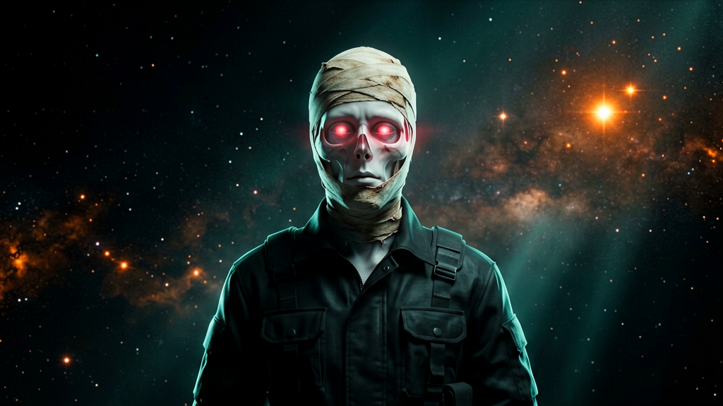 Wide shot of the pale humanoid figure with glowing red pupils in otherwise hollow eye sockets
