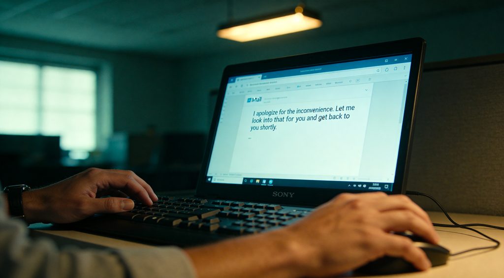 Cinematic shot of an elegant unsealed envelope lying on a dark wooden desk with a glowing draft letter visible inside