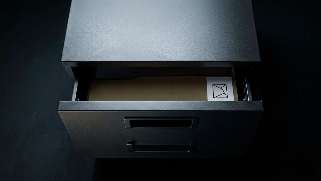 Cinematic top-down shot of a sleek matte-black filing cabinet drawer being closed automatically by an unseen mechanism