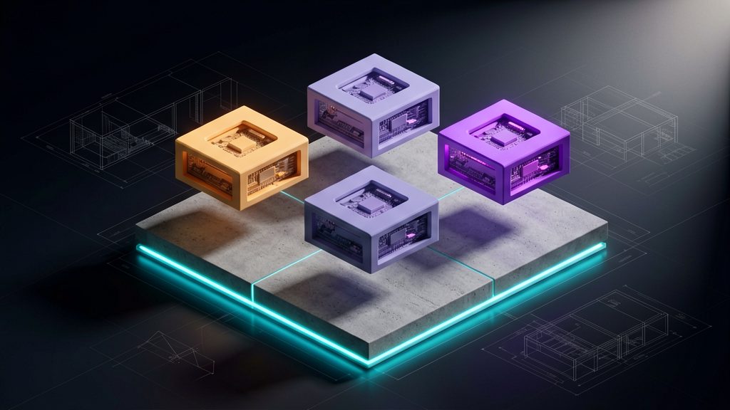 Cinematic isometric view of a foundational glowing platform with three additional modular structures floating above it ready to be added