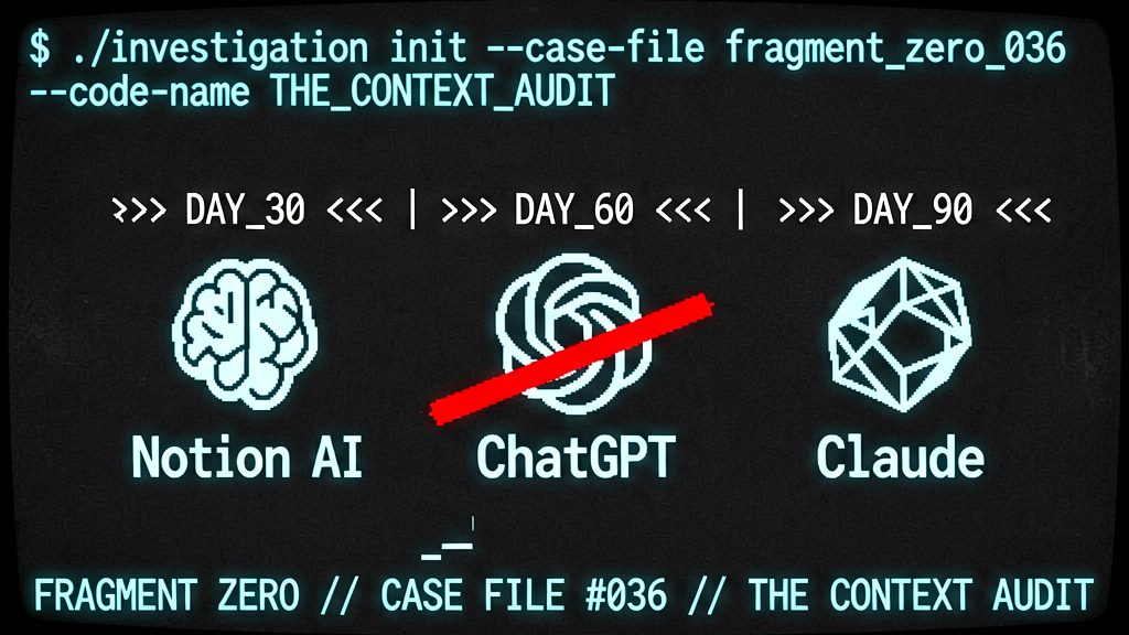 Open with terminal-aesthetic boot sequence on dark background: `$