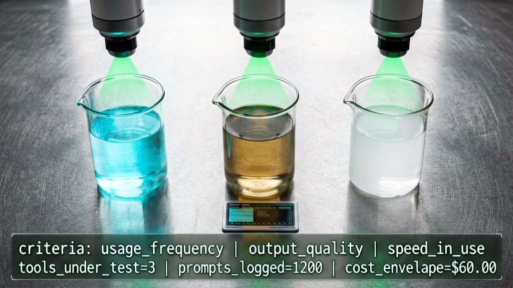 Top-down evidence-table shot. Three glass beakers in a precise row on a metal evidence surface