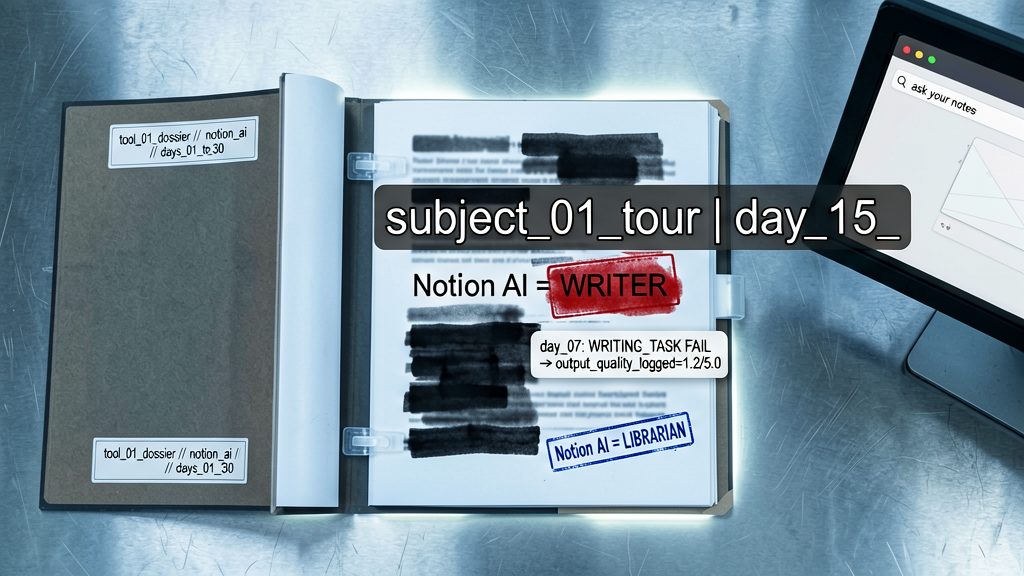 Forensic-archive overhead shot. An open evidence binder labeled `tool_01_dossier // notion_ai // days_01_to_30` on cold metal surface