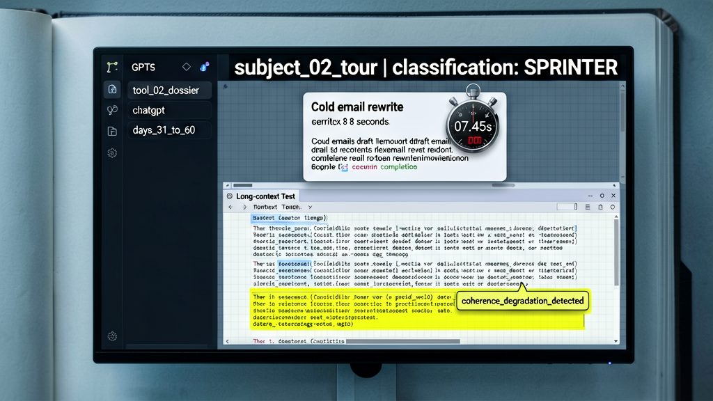Evidence-binder shot of `tool_02_dossier // chatgpt // days_31_to_60`. Screen demo: ChatGPT sidebar with custom GPTs visible
