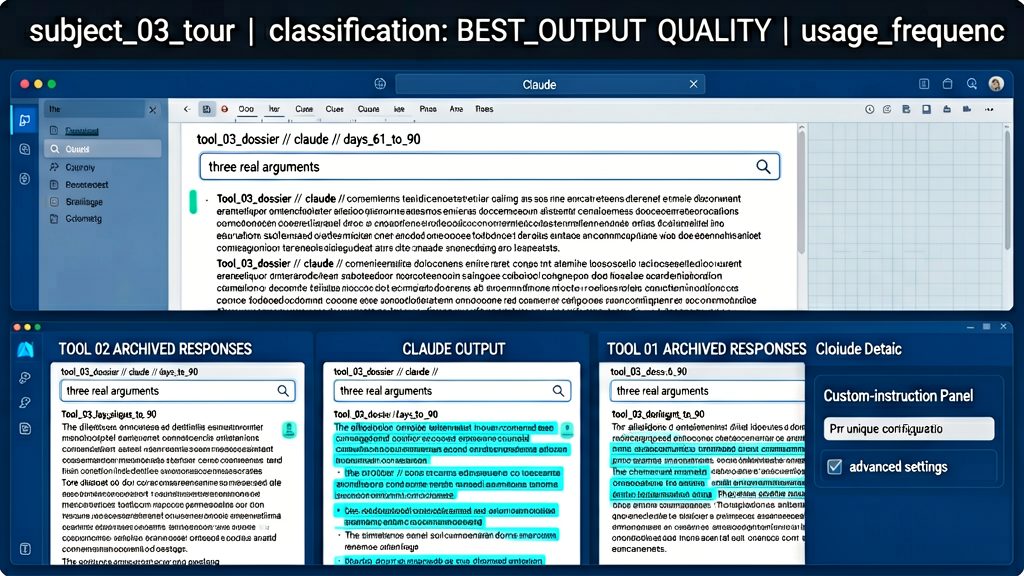 Evidence-binder shot of `tool_03_dossier // claude // days_61_to_90`. Screen demo: Claude desktop, fifteen-thousand-word document pasted