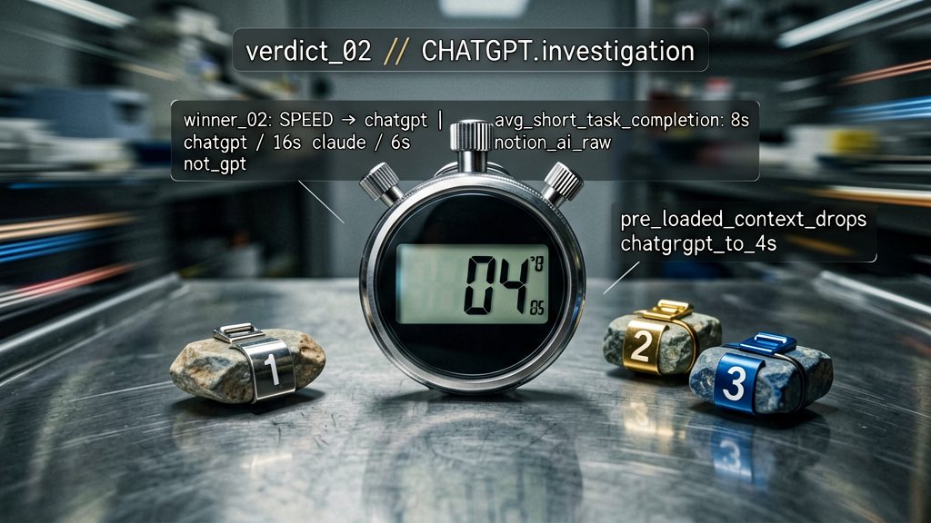 Evidence-table shot of a precision stopwatch frozen at a small reading, surrounded by motion-blur trails on cold metal surface. Beside it