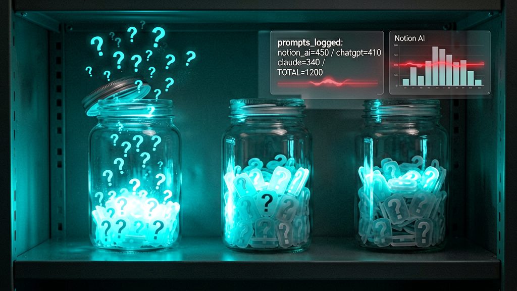 Forensic shot. Three glass jars on a dark shelf, each filled with small evidence-marked tokens representing prompts