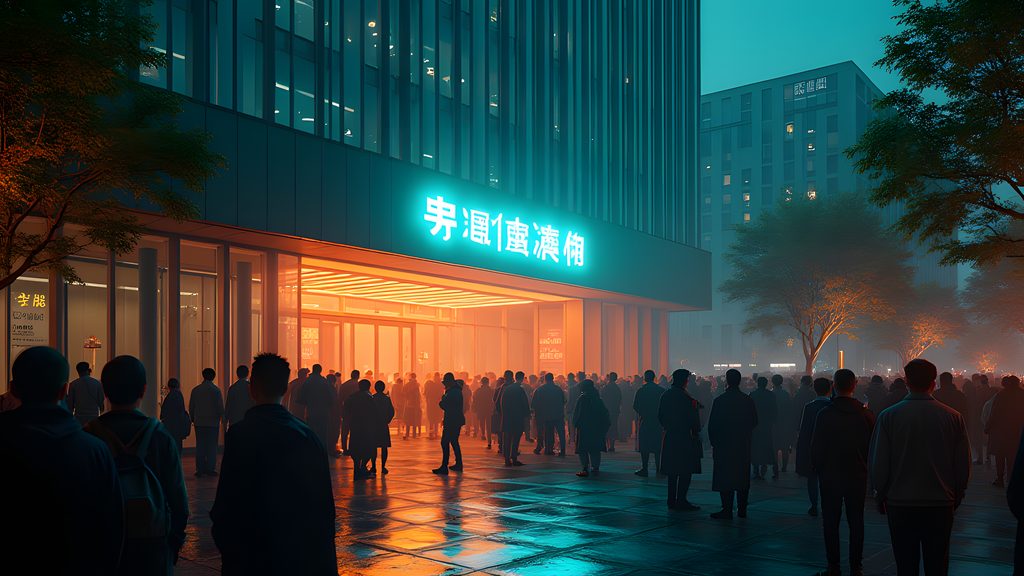 Tencent's Shenzhen headquarters exterior, a long line of hundreds of users waiting to enter for a free OpenClaw installation event