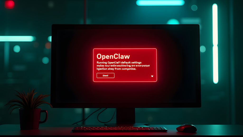 OpenClaw security course landing page on a monitor, with a glowing red warning box containing the text: 'Running OpenClaw with default setti...