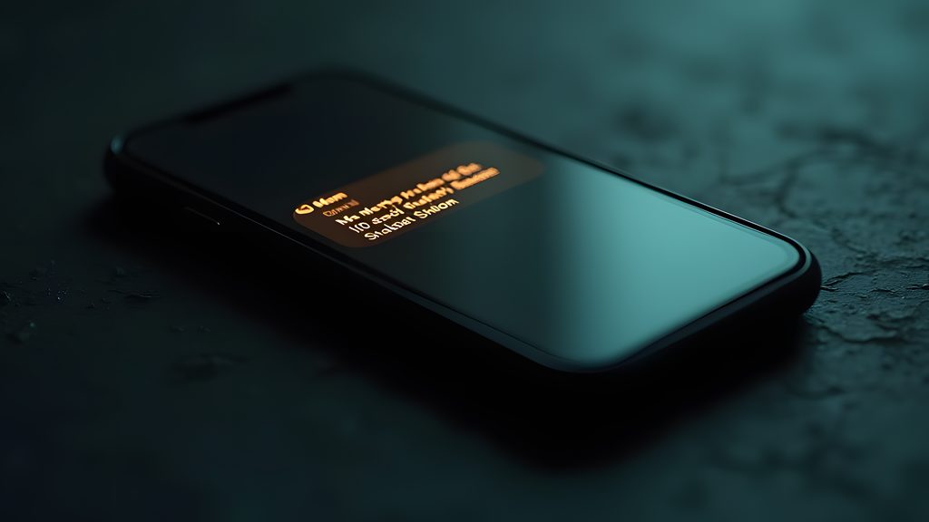 Close-up of a smartphone vibrating slightly on a dark, textured surface. The screen displays an incoming text message notification