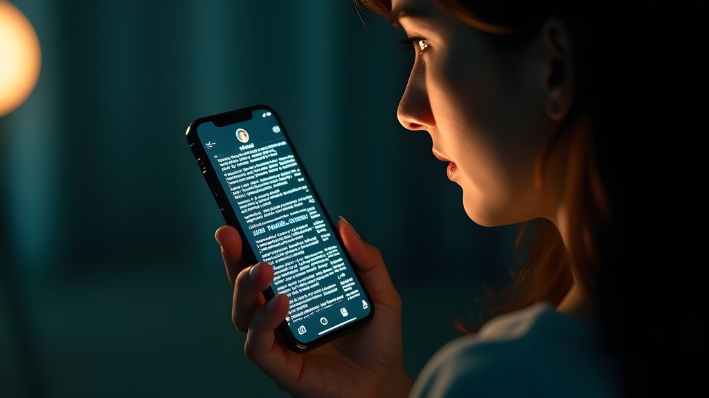 Software engineer's wife holding a smartphone, its screen completely filled with an iMessage chat thread from her 'Husband' contact