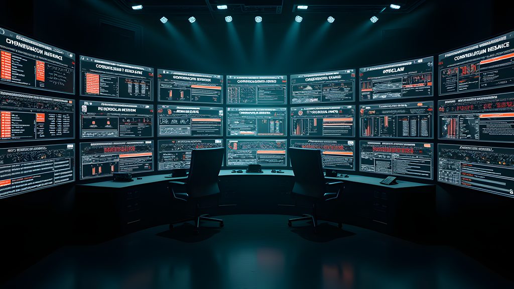A wide shot across multiple large, dark-screen monitors in a dimly lit security operations center