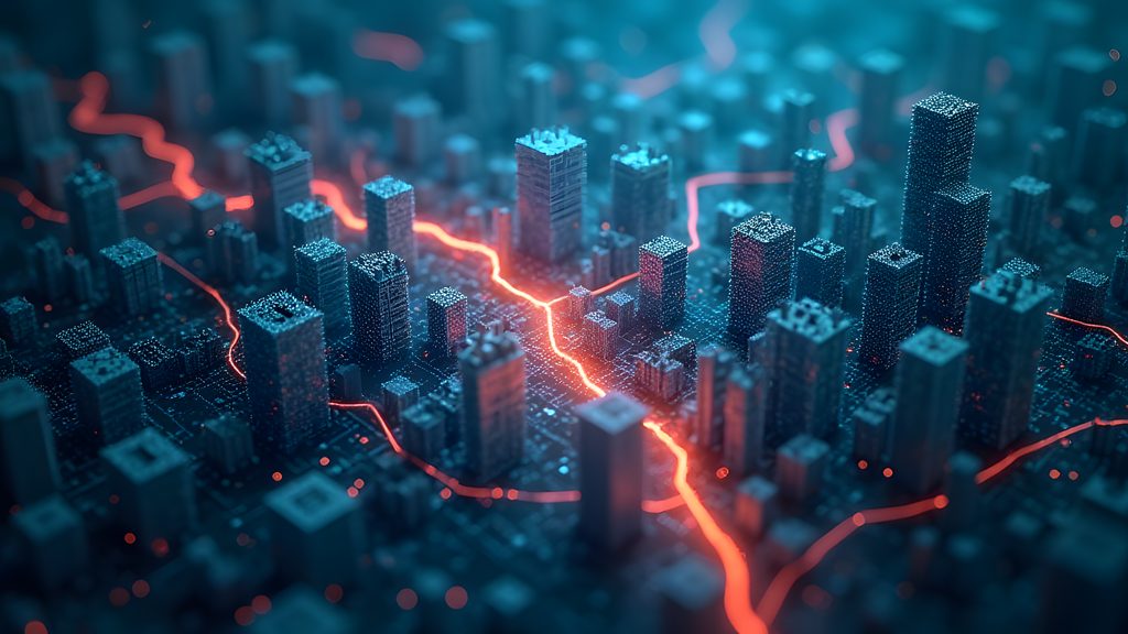 Close-up on a translucent, intricate holographic diagram of a software architecture, rendered as a glowing