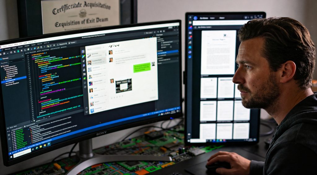 Close-up on a generic laptop screen displaying a typical user's desktop with open applications. From the center of the screen, a spectral
