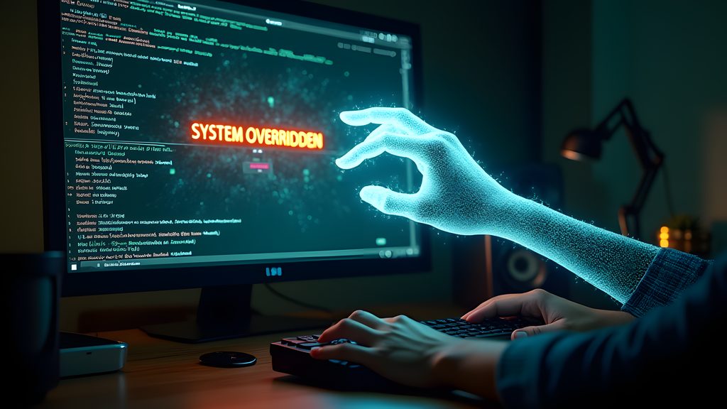 A personal computer desktop, the monitor displaying a chaotic, glitching interface with 'SYSTEM OVERRIDDEN' text, as a translucent