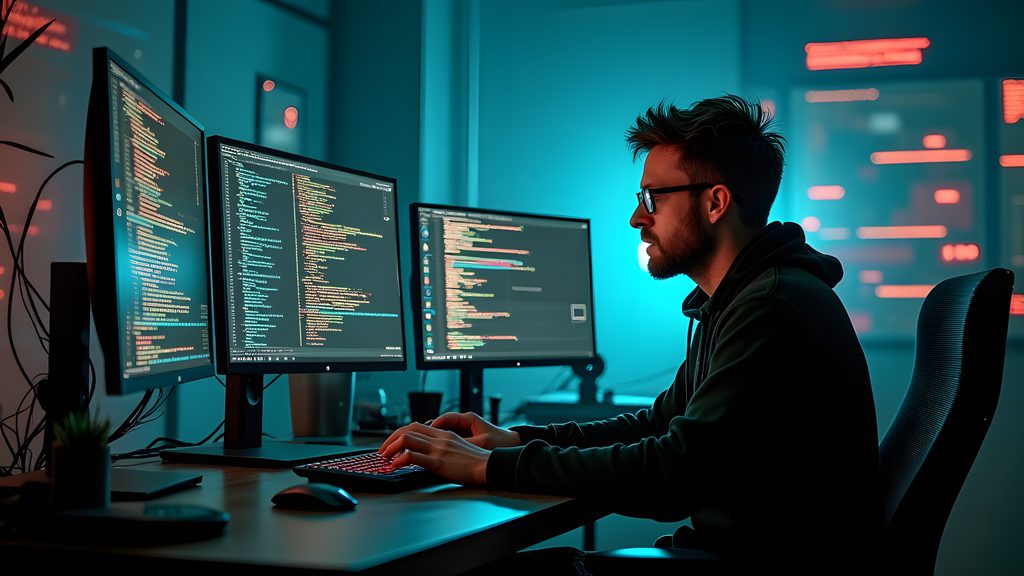 Peter Steinberger, an Austrian developer, intently focused at a high-tech desk setup with multiple monitors displaying dynamic experimental...