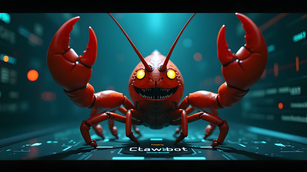 Prominent, menacing cartoon lobster mascot, claws extended, central to a sleek
