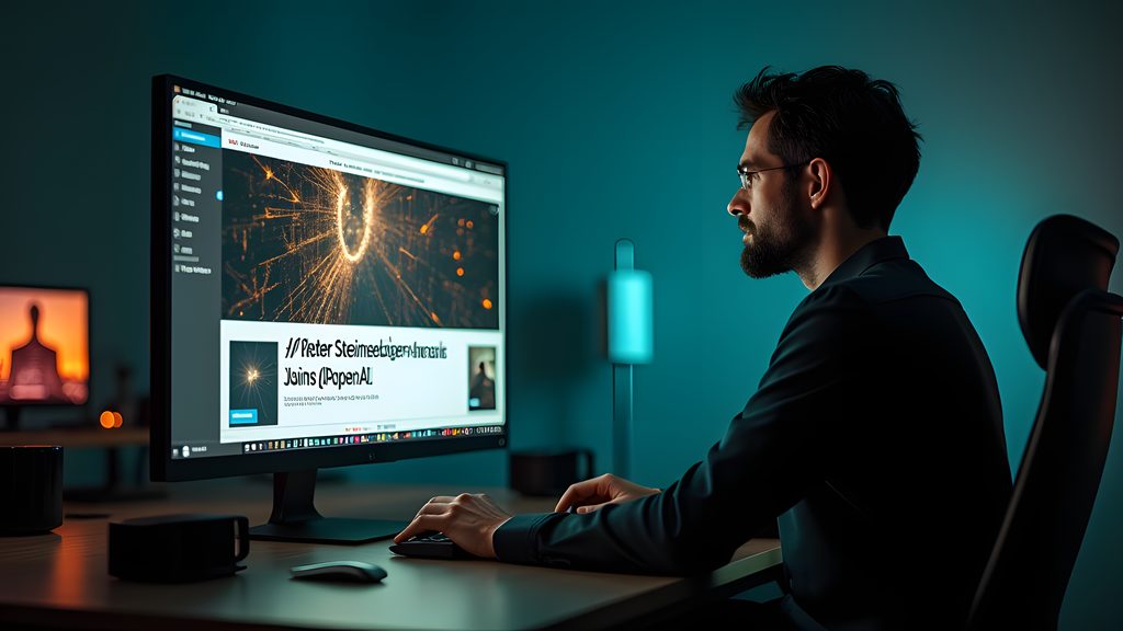 Peter Steinberger at a desk, looking intently at a computer monitor displaying a news article