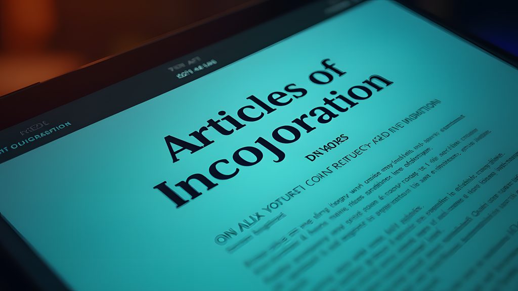 A close-up shot of a computer screen displaying a digital legal document template for 'Articles of Incorporation'