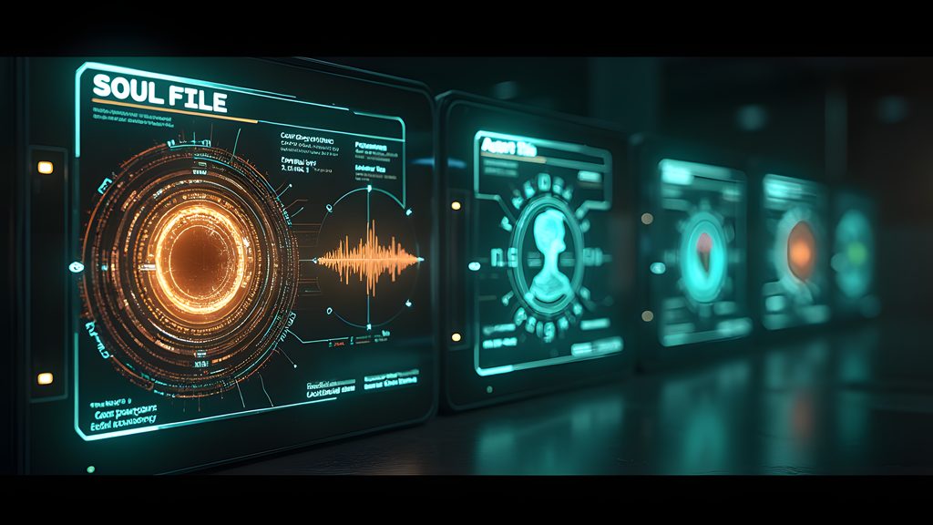 A sleek digital interface displays four distinct, glowing data windows. One window, labeled 'Soul File'
