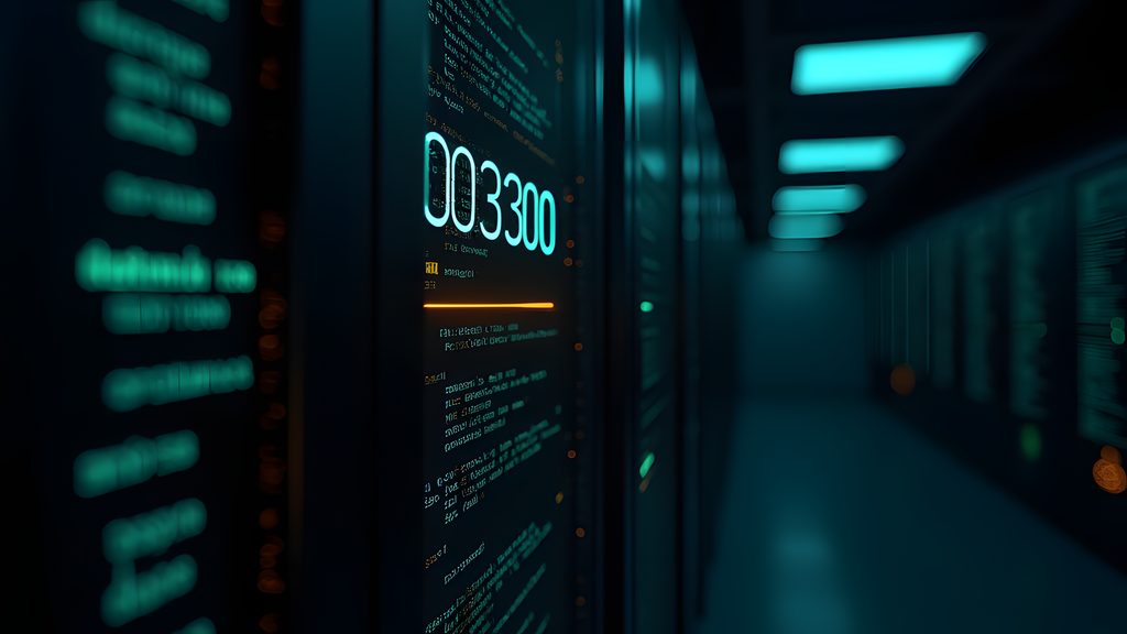 A minimalist server terminal screen in a dark, high-tech server room. On the screen