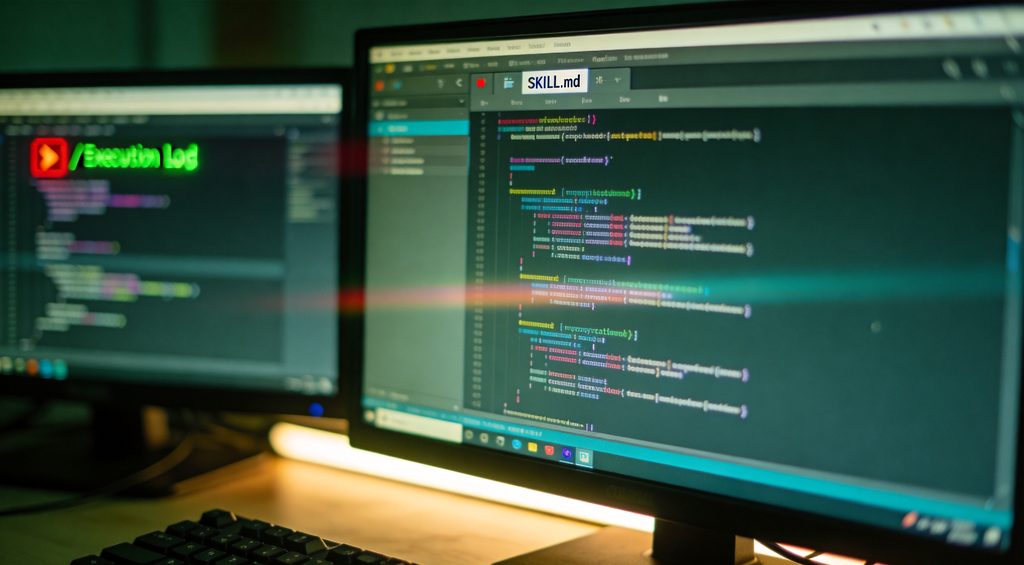 A close-up shot of a terminal or code editor screen displaying a `SKILL.md` file