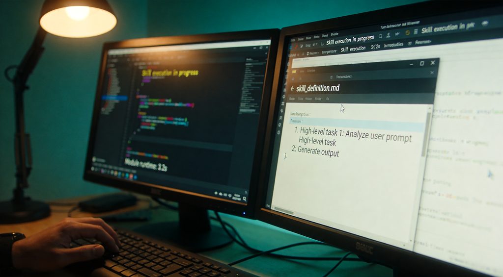 Close-up of a code editor on a computer screen, displaying a file named `SKILL.md`