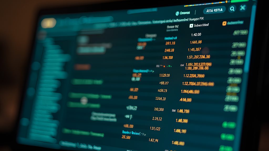 A close-up on a computer monitor screen displaying a detailed bank statement or financial transaction log