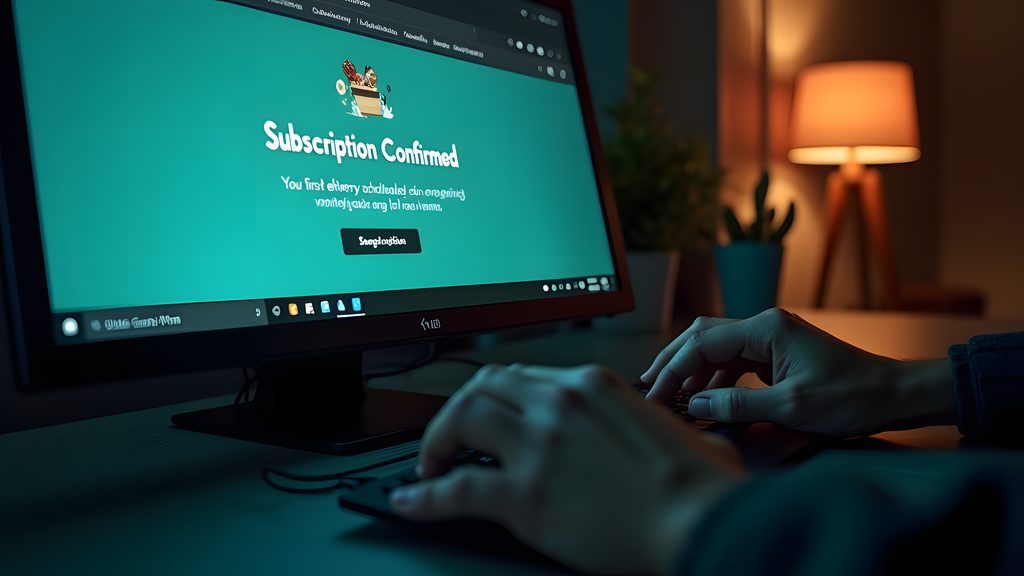 Close-up on a dimly lit computer monitor displaying a full-screen webpage: a "Subscription Confirmed" message for a meal-prep service