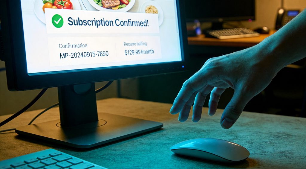 A desktop monitor screen prominently displaying a 'Subscription Confirmed' page for a fictional meal-prep service