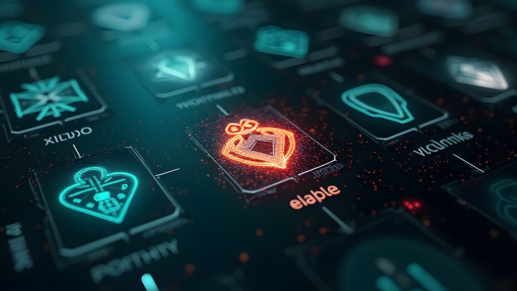 Overhead shot of a holographic ClawHub marketplace web interface displaying various app-like 'skills'