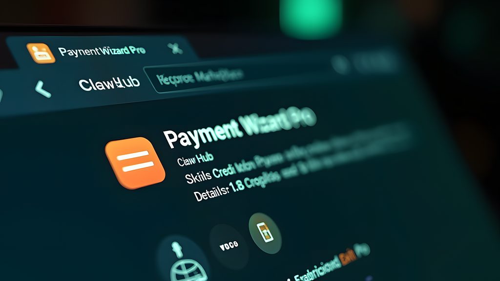 Close-up on a computer screen displaying the ClawHub marketplace web interface. A specific skill listing, titled 'Payment Wizard Pro'