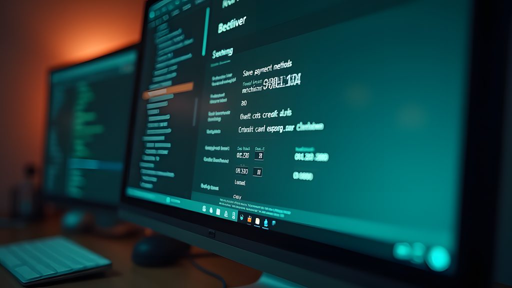 A close-up shot of a computer monitor displaying the Google Chrome browser, focused on the settings page showing saved payment methods