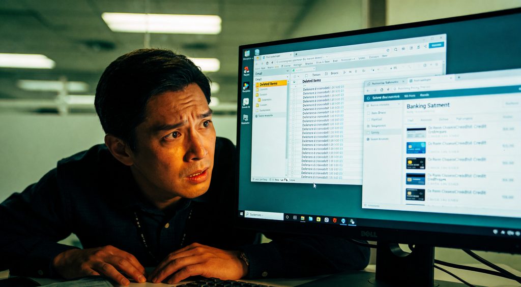 Close-up on a laptop screen displaying an online banking statement with multiple high-value, unfamiliar transactions highlighted