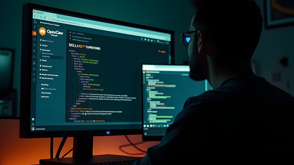 A security researcher's multiple monitor setup, displaying a GitHub OpenClaw repository page with the `SKILL