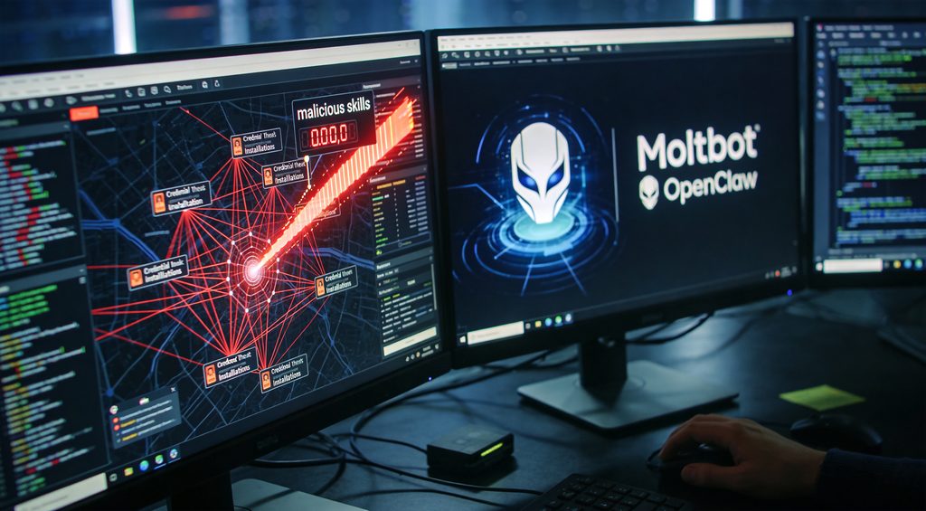 Close-up of a 'ClawHub Marketplace' web interface on a screen, showing a grid of software 'skills'