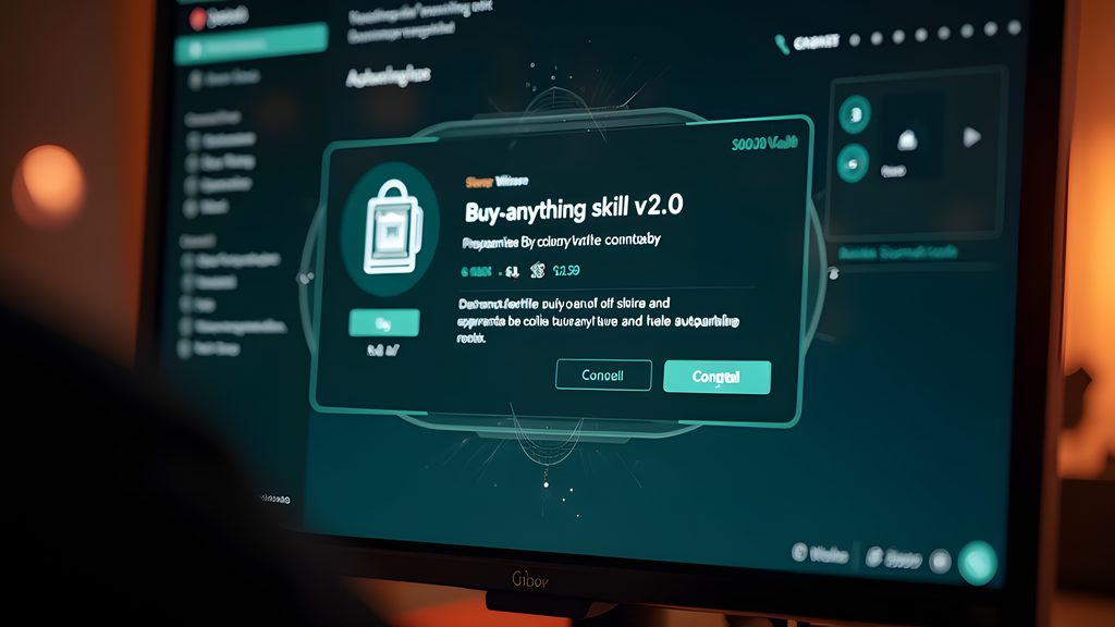 ClawHub skill marketplace user interface on a monitor, prominently displaying a skill card or listing for 'buy-anything skill v2.0.0'