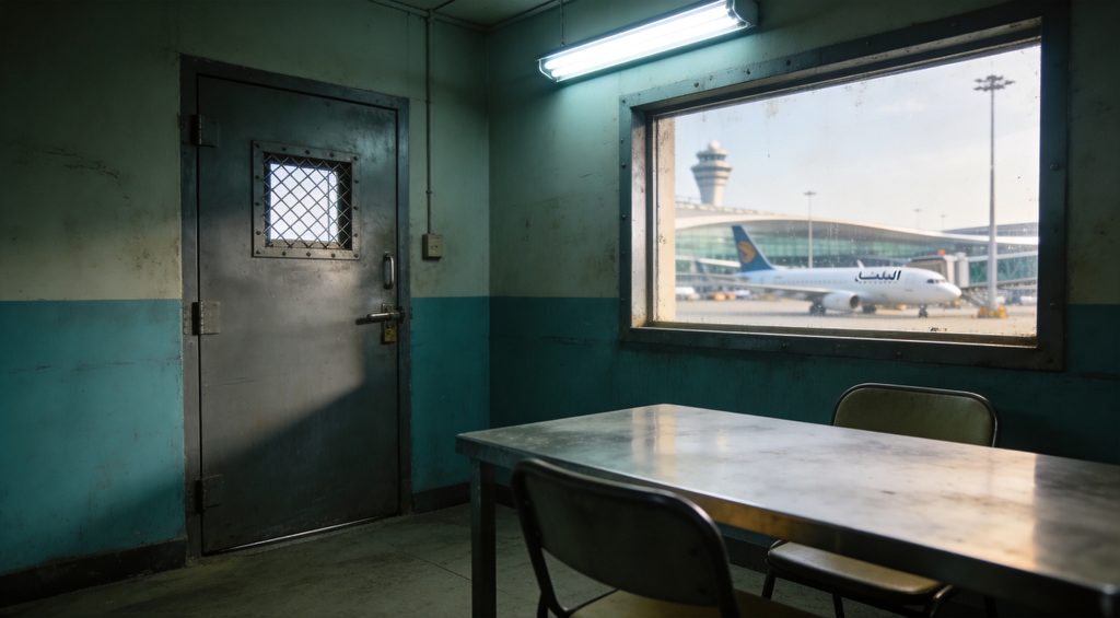 The interior of a detention room at Dubai International Airport, featuring a clean, minimalist design with a polished metal table